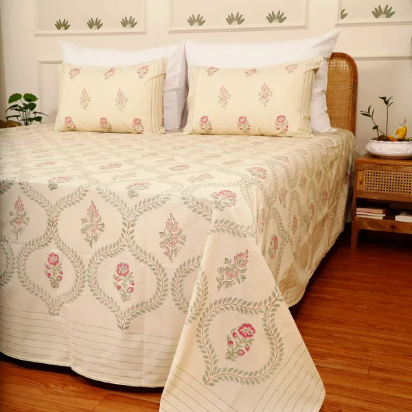 Beige_100%_Cotton_Hand_Block_Bedsheet_Super_King_For_Everyday_Use