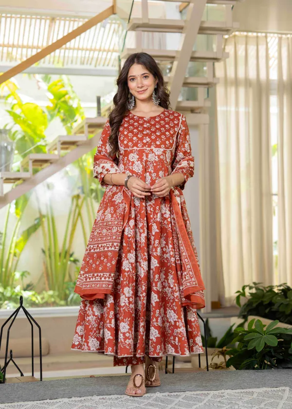 Orange_Cotton__&_Lace_Work_Anarkali_Kurta_Set_For_Women