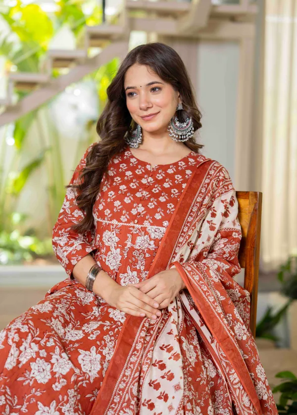 Orange_Cotton__&_Lace_Work_Anarkali_Kurta_Set_For_Women