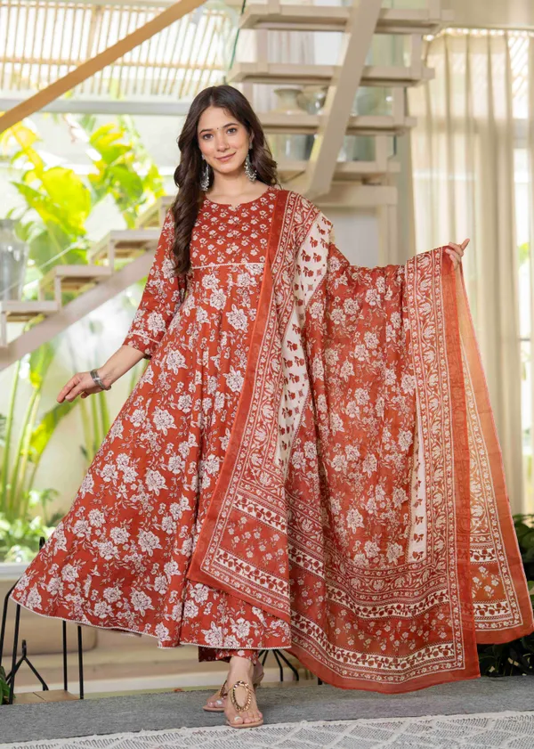 Orange_Cotton__&_Lace_Work_Anarkali_Kurta_Set_For_Women