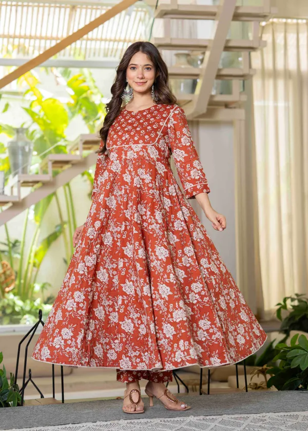 Orange_Cotton__&_Lace_Work_Anarkali_Kurta_Set_For_Women