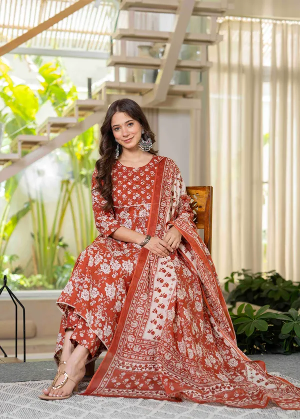Orange_Cotton__&_Lace_Work_Anarkali_Kurta_Set_For_Women