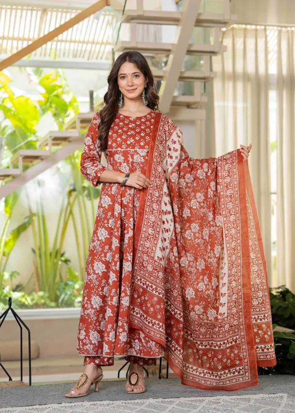 Orange_Cotton__&_Lace_Work_Anarkali_Kurta_Set_For_Women