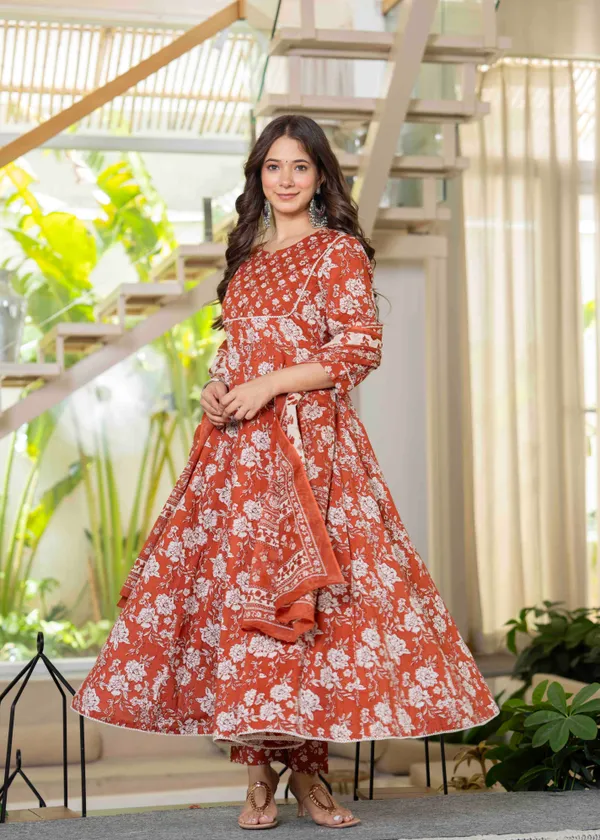 Orange_Cotton__&_Lace_Work_Anarkali_Kurta_Set_For_Women