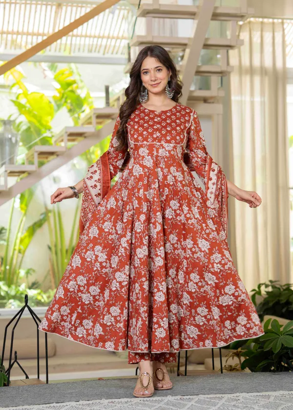 Orange_Cotton__&_Lace_Work_Anarkali_Kurta_Set_For_Women