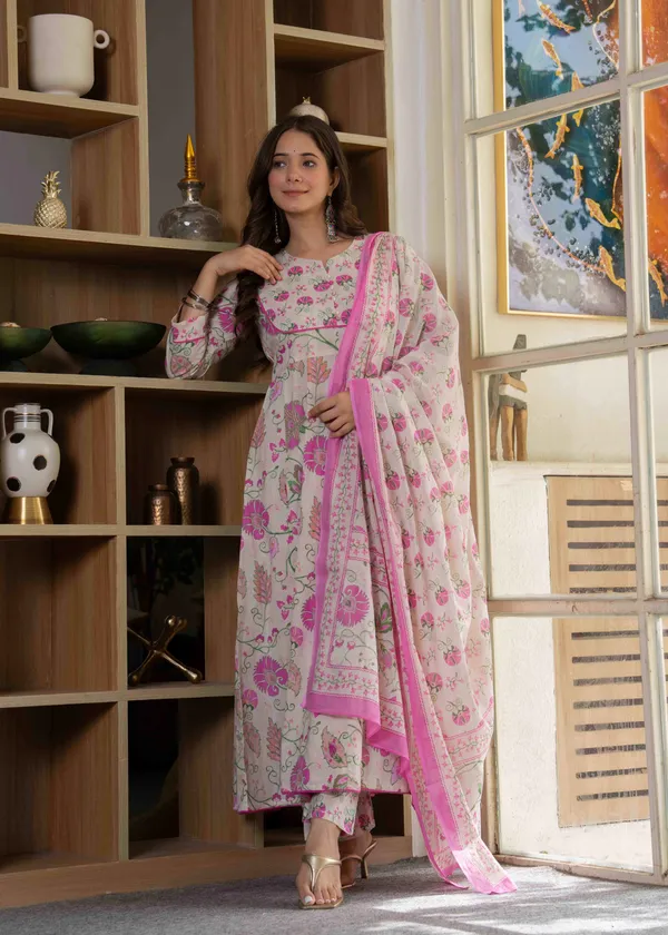 Pink_Cotton__&_Lace_Work_Anarkali_Kurta_Set_For_Women