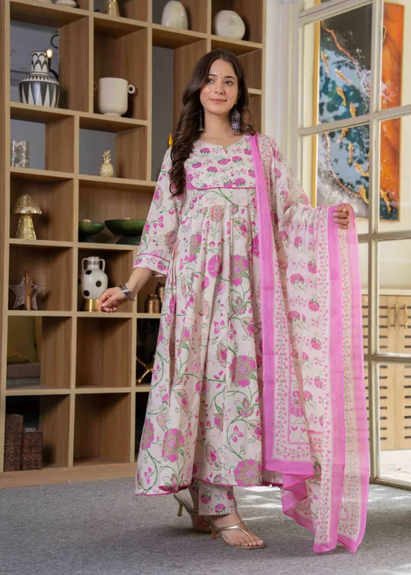 Pink_Cotton__&_Lace_Work_Anarkali_Kurta_Set_For_Women