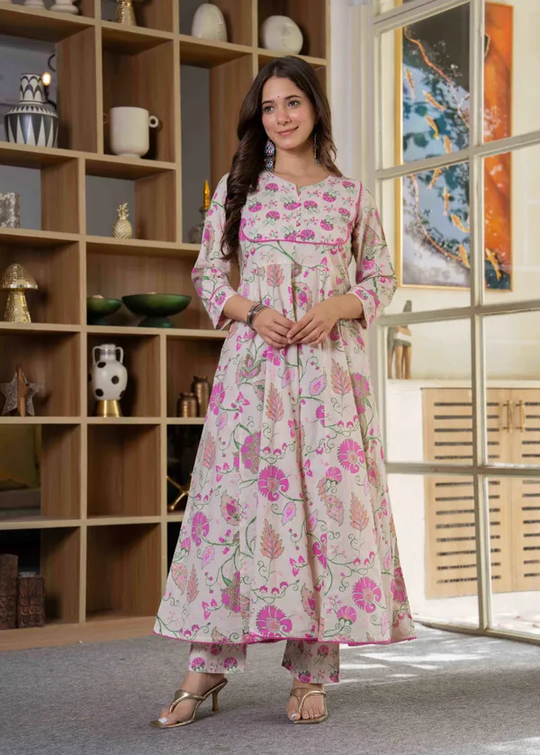 Pink_Cotton__&_Lace_Work_Anarkali_Kurta_Set_For_Women