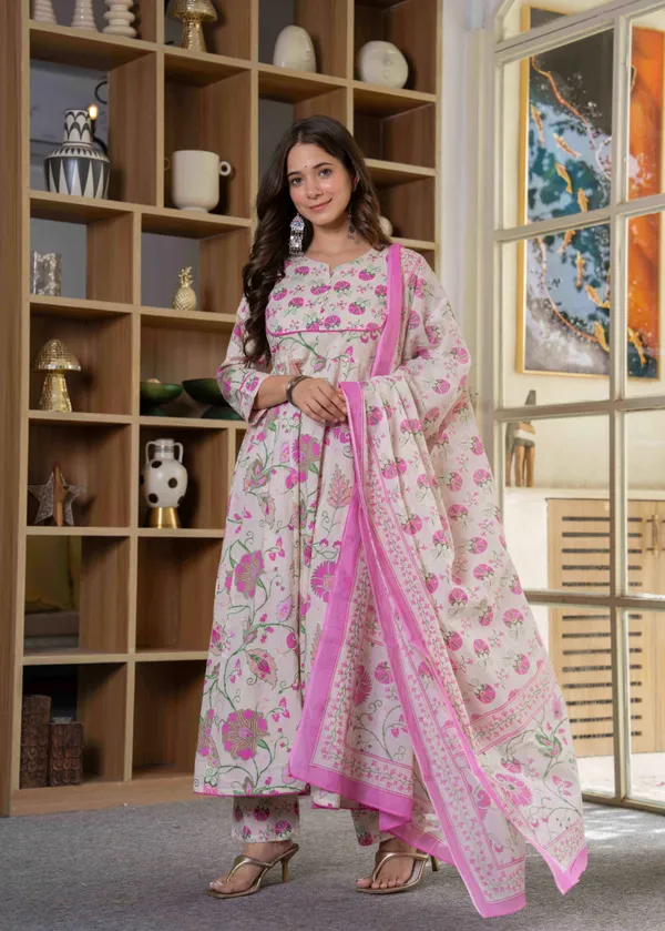 Pink_Cotton__&_Lace_Work_Anarkali_Kurta_Set_For_Women