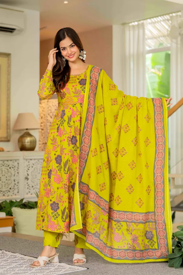 Lime_Yellow_Cotton_Anarkali_Kurta_For_Women