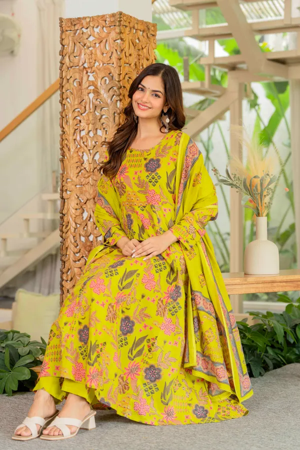 Lime_Yellow_Cotton_Anarkali_Kurta_For_Women
