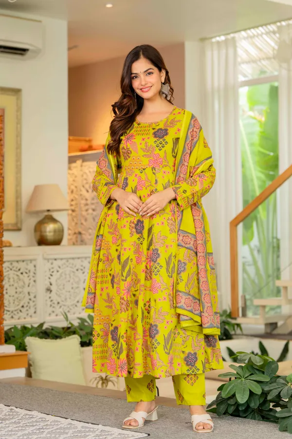 Lime_Yellow_Cotton_Anarkali_Kurta_For_Women