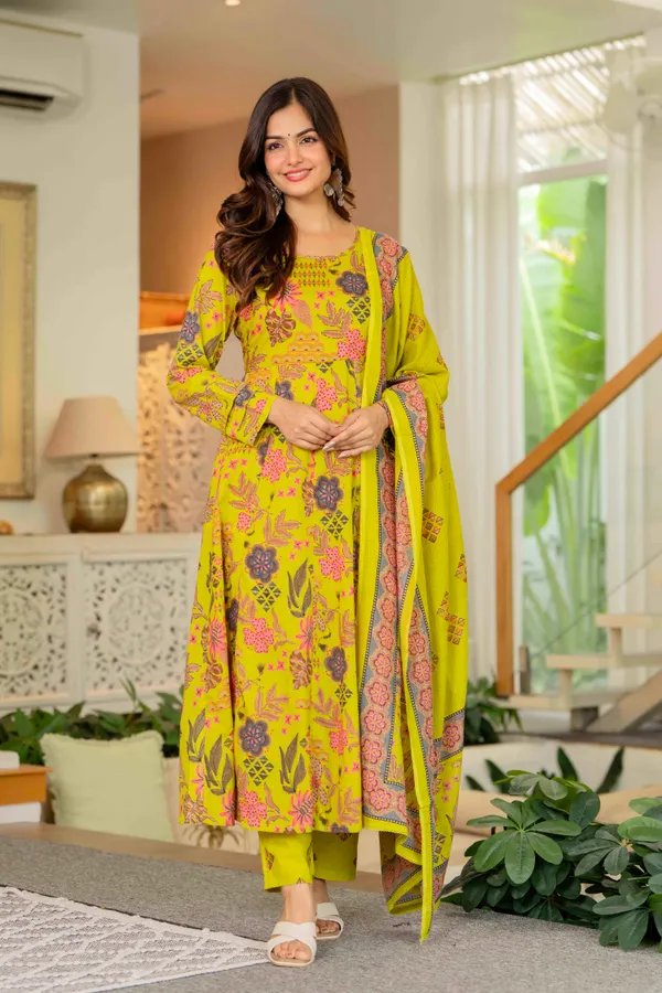 Lime_Yellow_Cotton_Anarkali_Kurta_For_Women