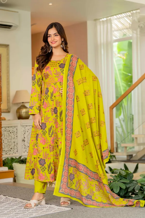 Lime_Yellow_Cotton_Anarkali_Kurta_For_Women