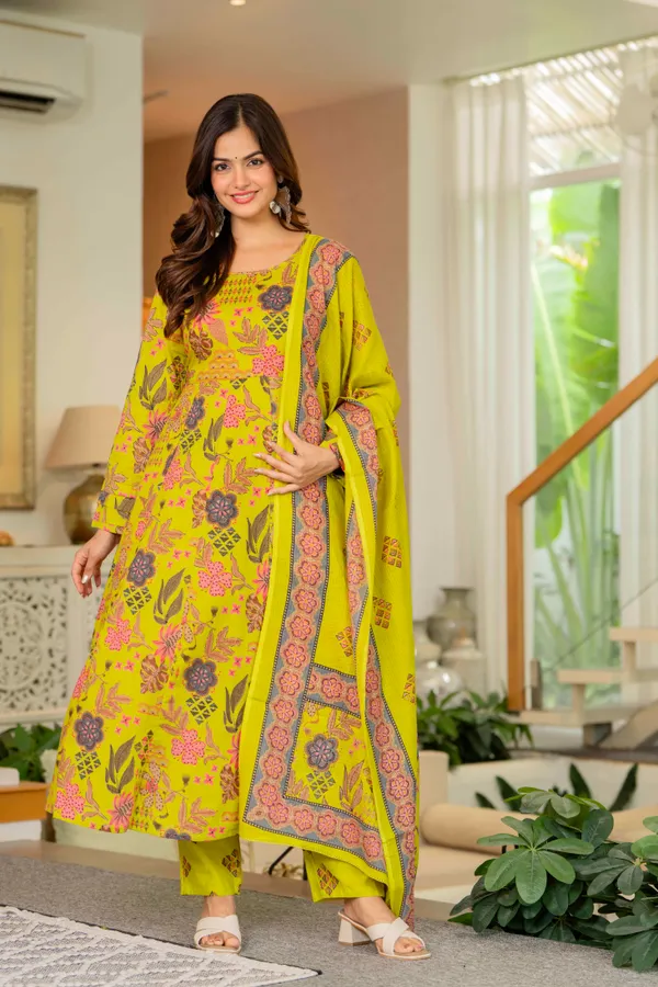 Lime_Yellow_Cotton_Anarkali_Kurta_For_Women