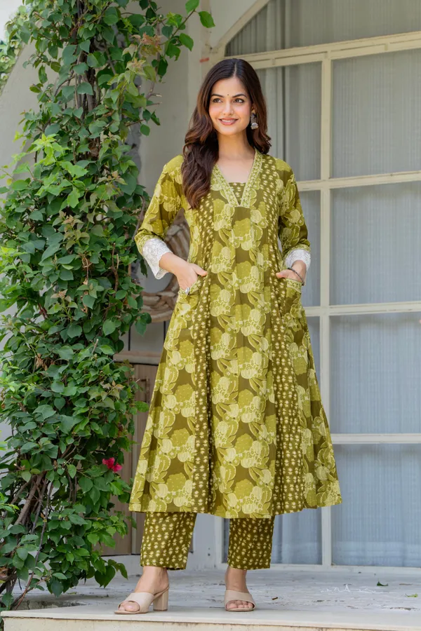 Olive_Green_Cotton_Anarkali_Kurta_For_Women