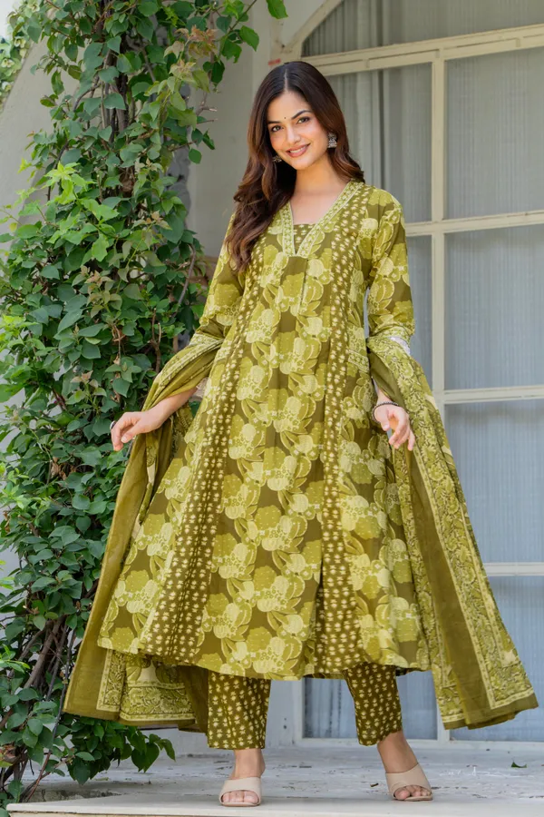 Olive_Green_Cotton_Anarkali_Kurta_For_Women