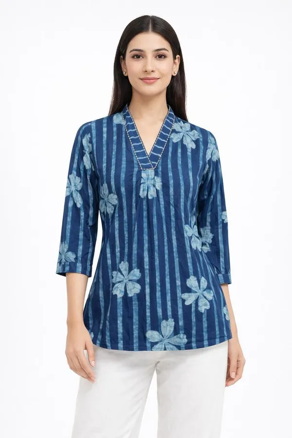 Jaimini_Women_Striped,_Floral_Print_Straight_Kurta_(Blue)