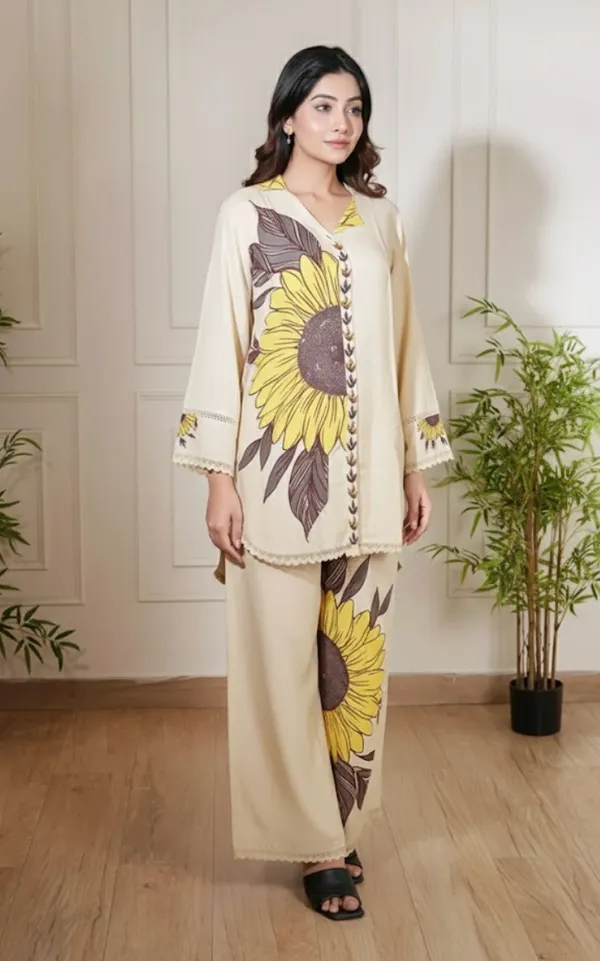 Beige_Elegant_Sunflower_Printed_Co-Ord_Set_-_Premium_Two-Piece_Outfit_For_Women