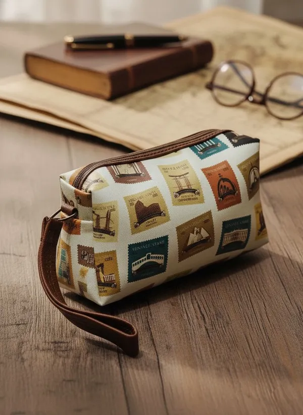 White_Classic_Vintage_Travel_Print_Utility_Pouch_With_Wrist_Strap