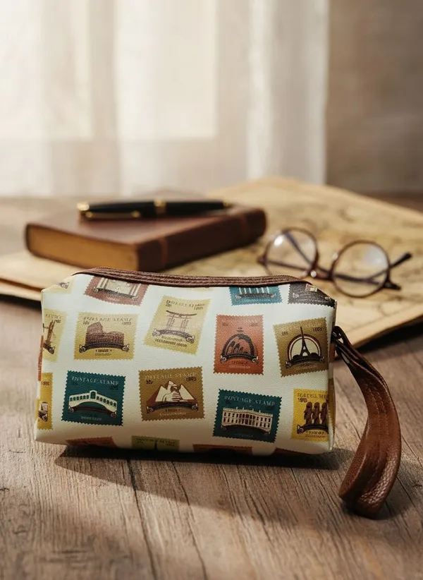 White_Classic_Vintage_Travel_Print_Utility_Pouch_With_Wrist_Strap