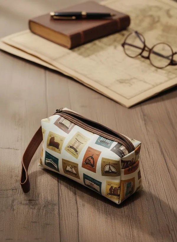 White_Classic_Vintage_Travel_Print_Utility_Pouch_With_Wrist_Strap
