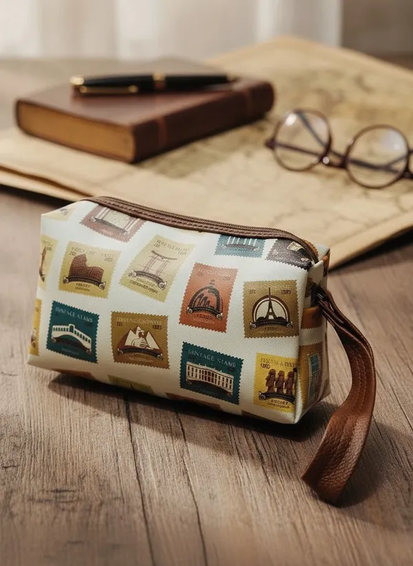 White_Classic_Vintage_Travel_Print_Utility_Pouch_With_Wrist_Strap