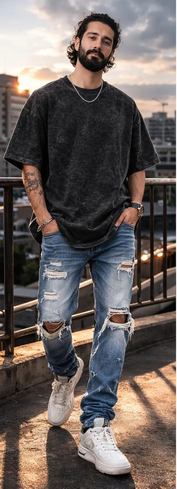 Men'S_Acid_Wash_Black_Oversized_T-Shirt_With_Distressed_Blue_Ripped_Jeans_Combo