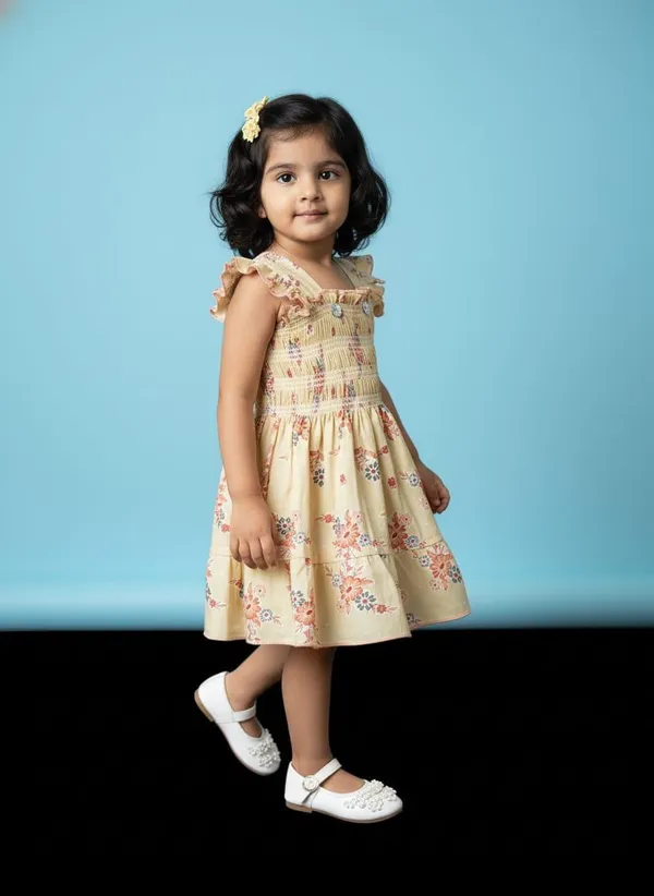 Girls_Floral_Print_Smocked_Dress_-_Beige_With_Ruffle_Sleeves