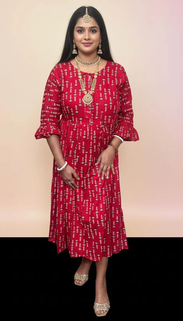 Women'S_Red_Printed_Anarkali_Dress_With_Bell_Sleeves