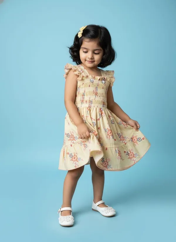 Girls_Floral_Print_Smocked_Dress_-_Beige_With_Ruffle_Sleeves