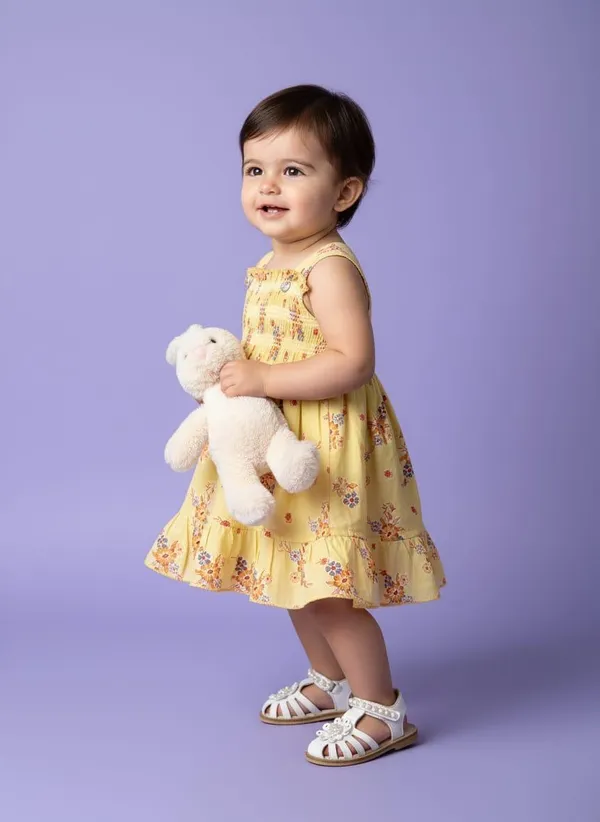 Yellow_Floral_Print_Sleeveless_Dress_For_Baby_Girls
