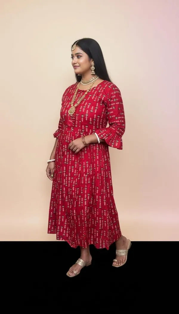 Women'S_Red_Printed_Anarkali_Dress_With_Bell_Sleeves