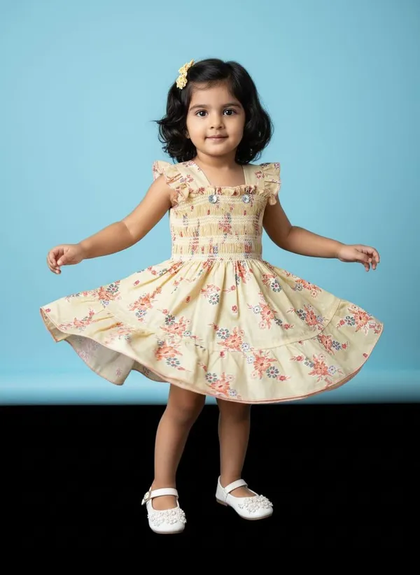 Girls_Floral_Print_Smocked_Dress_-_Beige_With_Ruffle_Sleeves