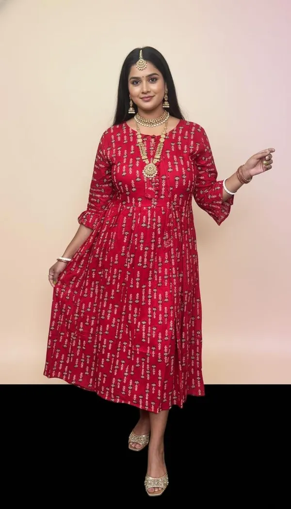 Women'S_Red_Printed_Anarkali_Dress_With_Bell_Sleeves