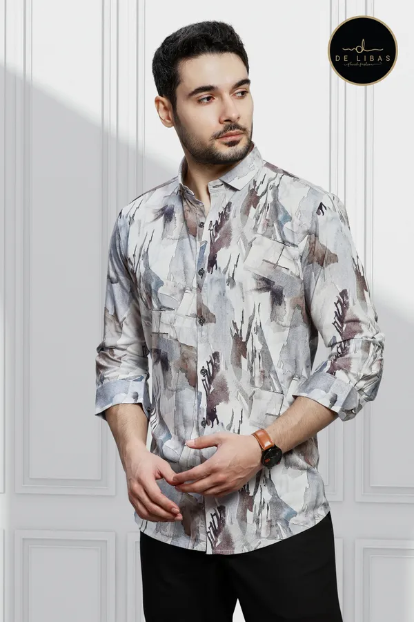 White_Abstract_Tencil_Digital_Print_Shirt_For_Men