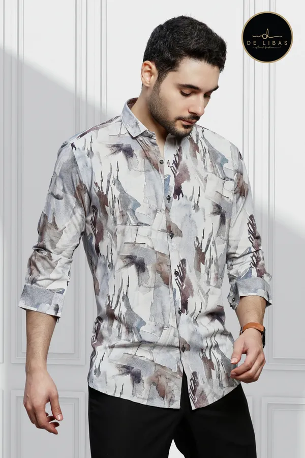 White_Abstract_Tencil_Digital_Print_Shirt_For_Men