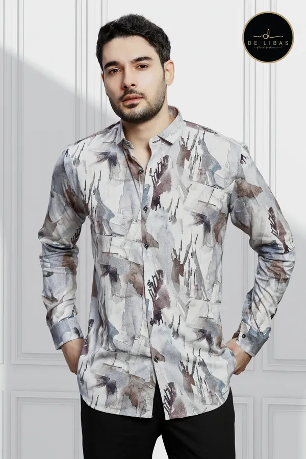 White_Abstract_Tencil_Digital_Print_Shirt_For_Men