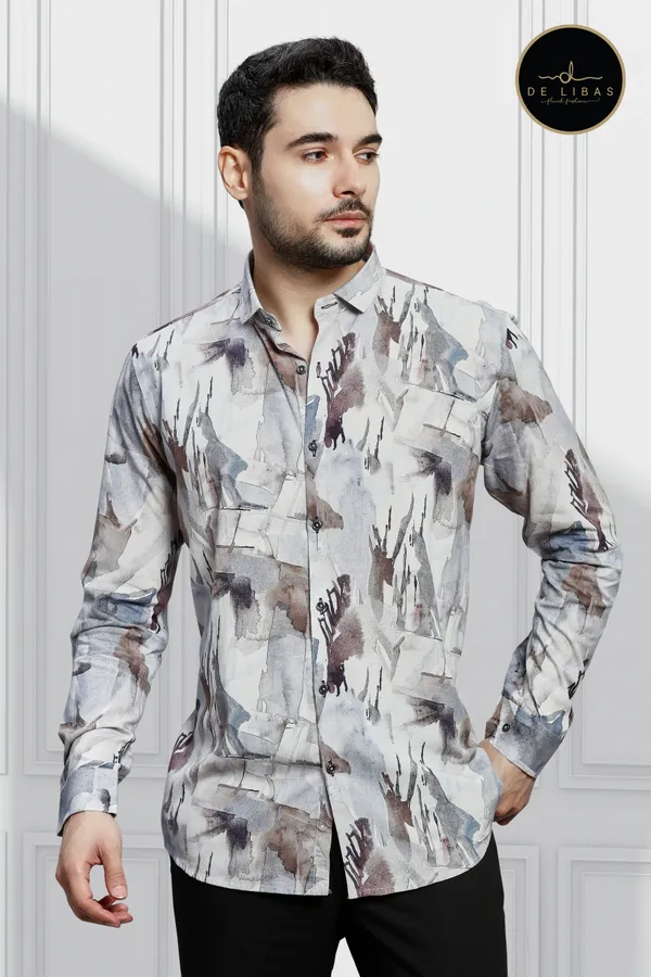 White_Abstract_Tencil_Digital_Print_Shirt_For_Men