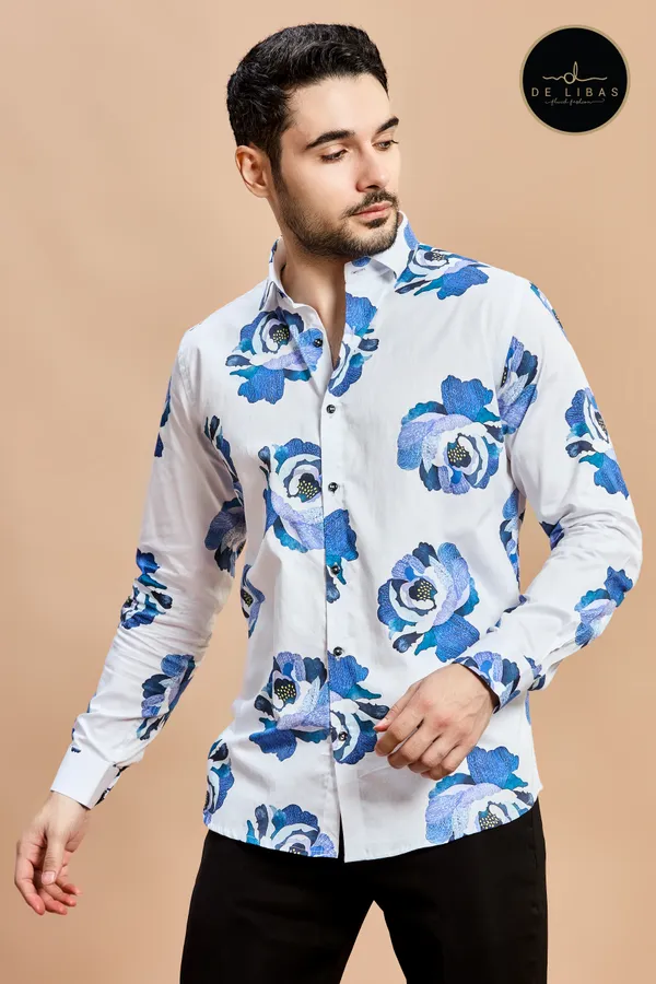 White_And_Blue_Floral_Digital_Print_Shirt_For_Men