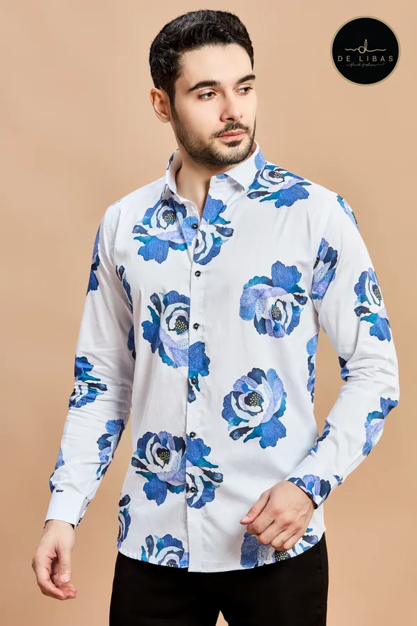 White_And_Blue_Floral_Digital_Print_Shirt_For_Men