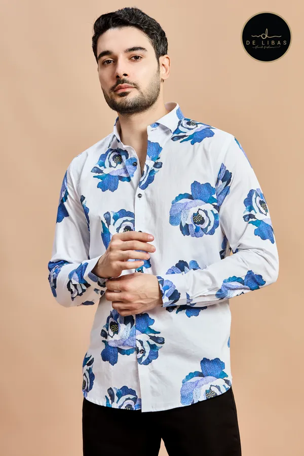 White_And_Blue_Floral_Digital_Print_Shirt_For_Men
