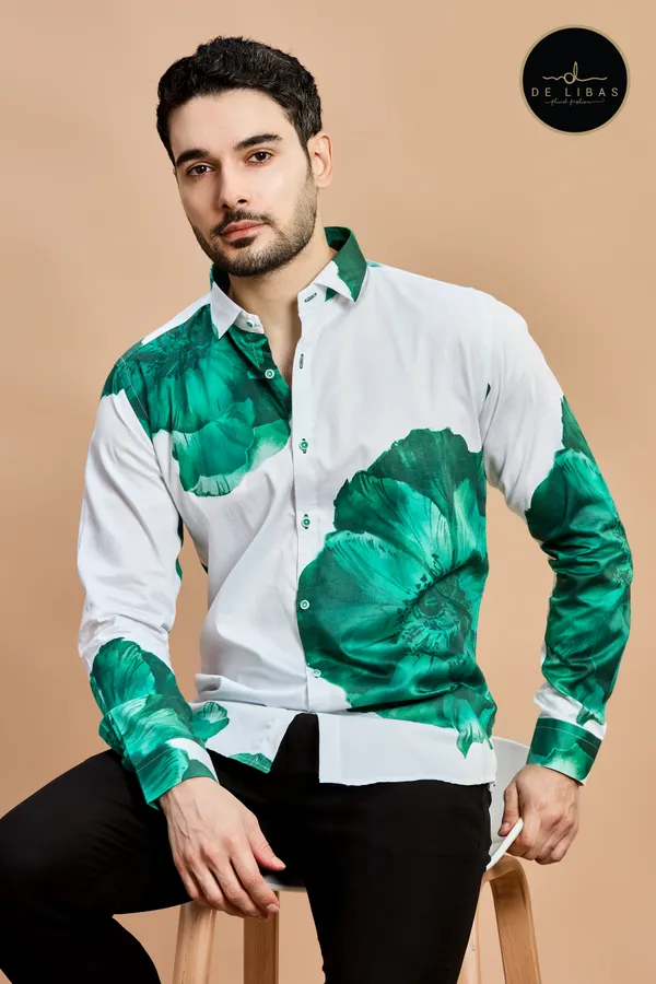 White_And_Bottle_Green_Big_Floral_Digital_Print_Shirt_For_Men