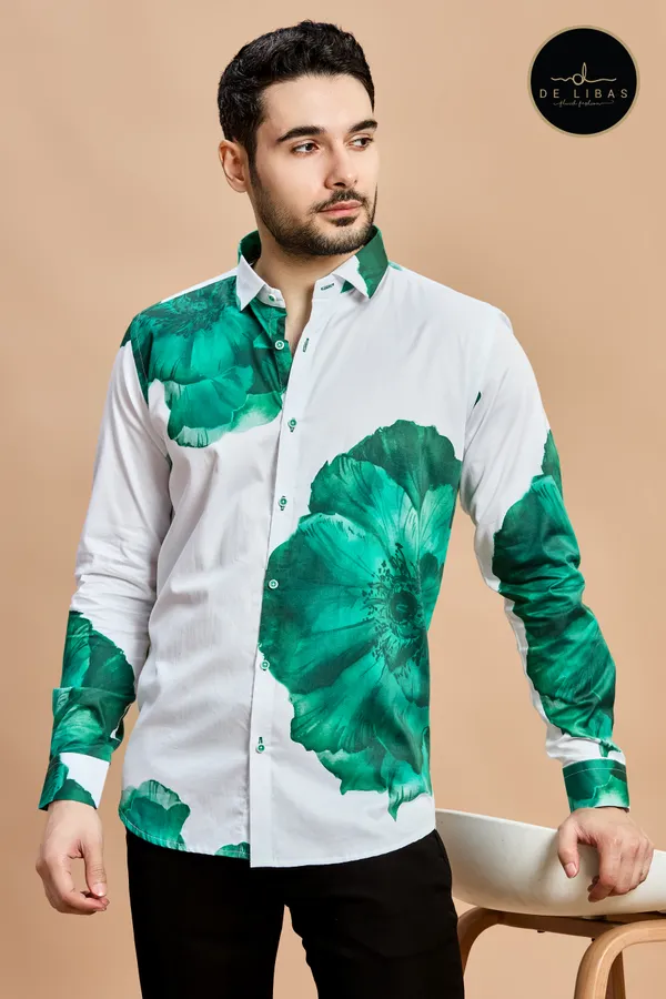 White_And_Bottle_Green_Big_Floral_Digital_Print_Shirt_For_Men