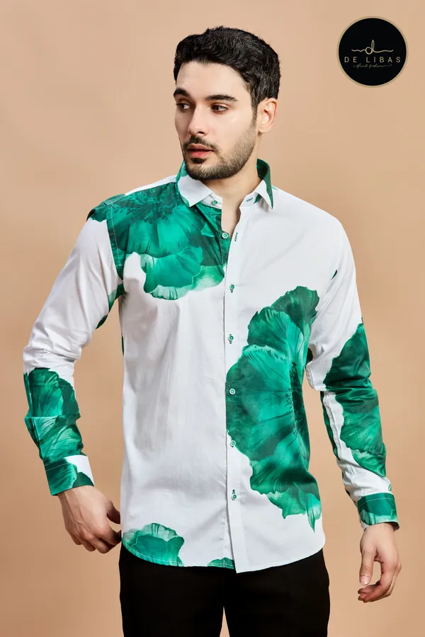 White_And_Bottle_Green_Big_Floral_Digital_Print_Shirt_For_Men