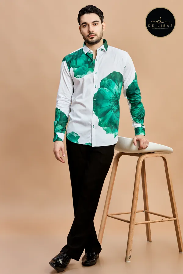 White_And_Bottle_Green_Big_Floral_Digital_Print_Shirt_For_Men