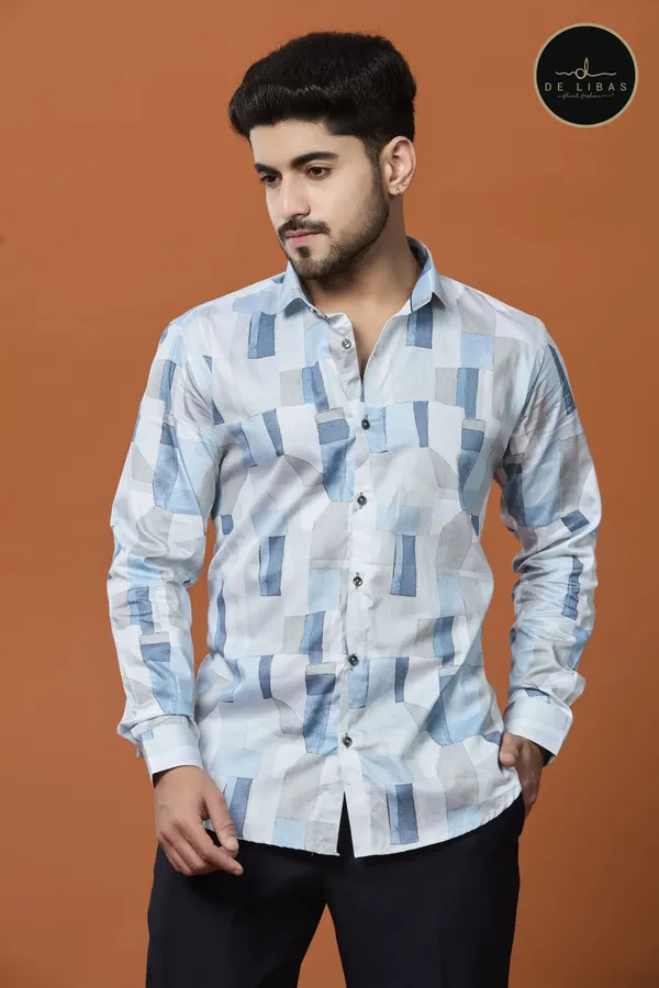 White_And_Powder_Blue_Digital_Print_Shirt_For_Men