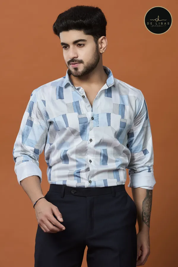 White_And_Powder_Blue_Digital_Print_Shirt_For_Men