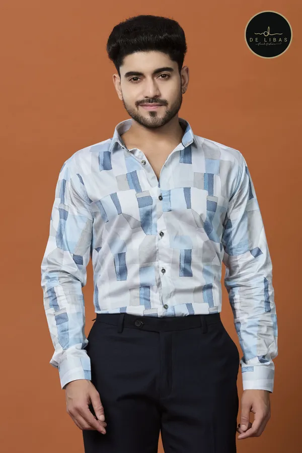 White_And_Powder_Blue_Digital_Print_Shirt_For_Men
