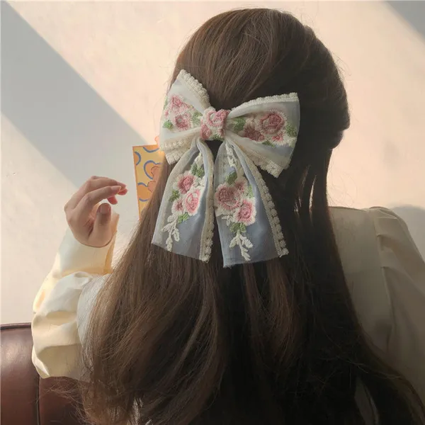 1_Pcs__Pink_colour_Rose_Embroidered_White_Bow_Hair_Clips_for_Women_and_Girls_23cm_long